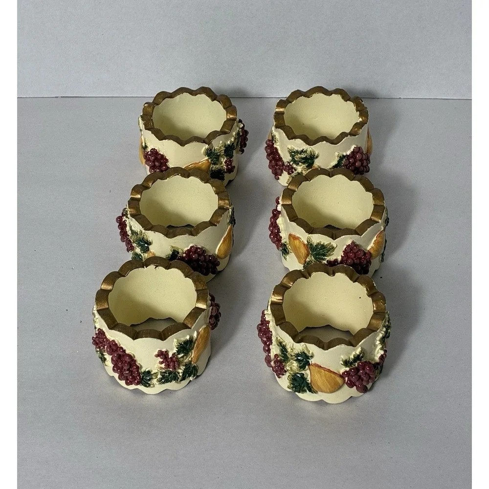 Vintage Napkin Rings With Raised Grapes and Pears Scalloped Gold Trim Lot Of 6